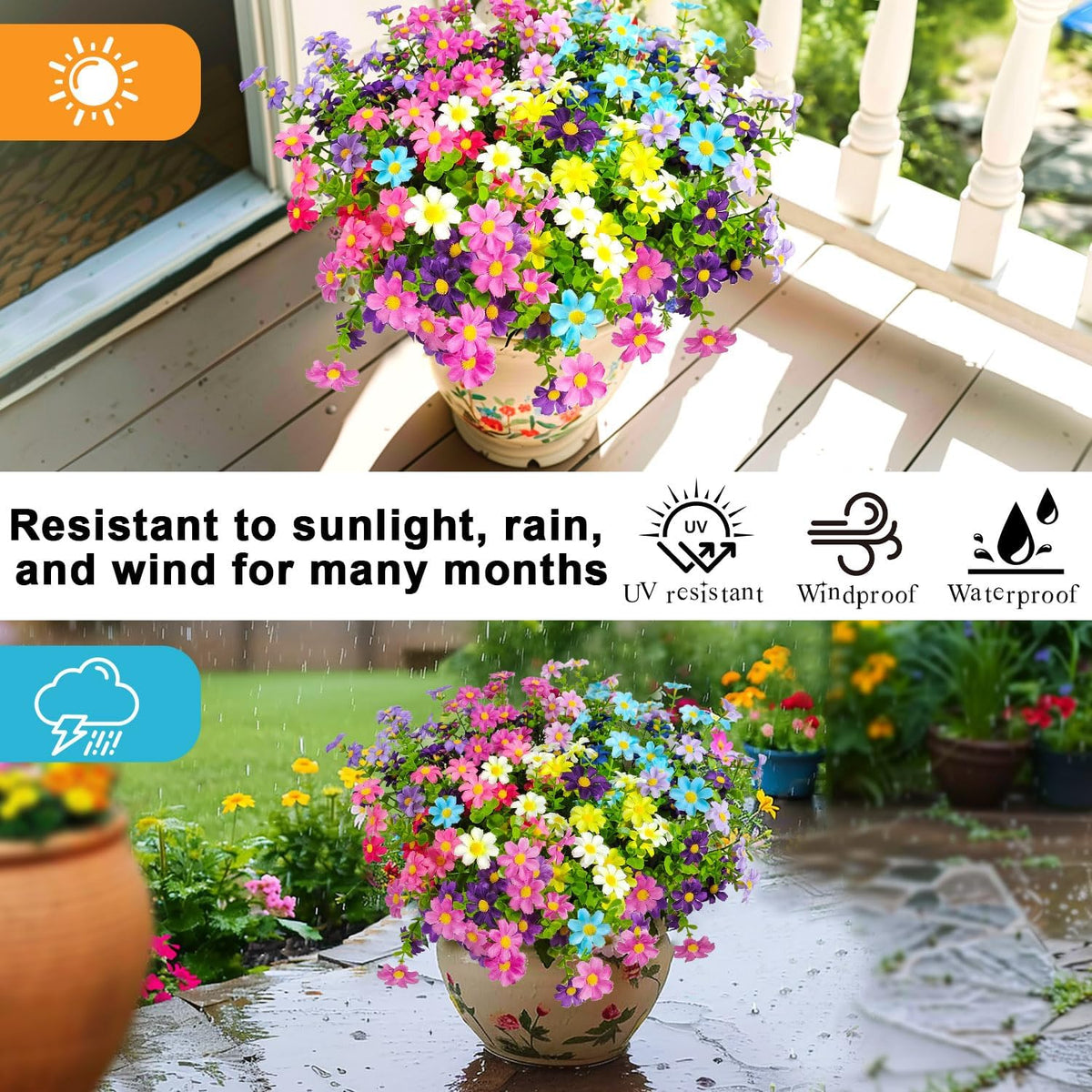 Artificial Flowers for Outdoor Decoration, 6 Bundles UV Resistant Artificial Daisies Silk Wild Flower Fake Flowers for Outside Front Porch Patio Garden Window Box Planters Decor(12 color mixing)