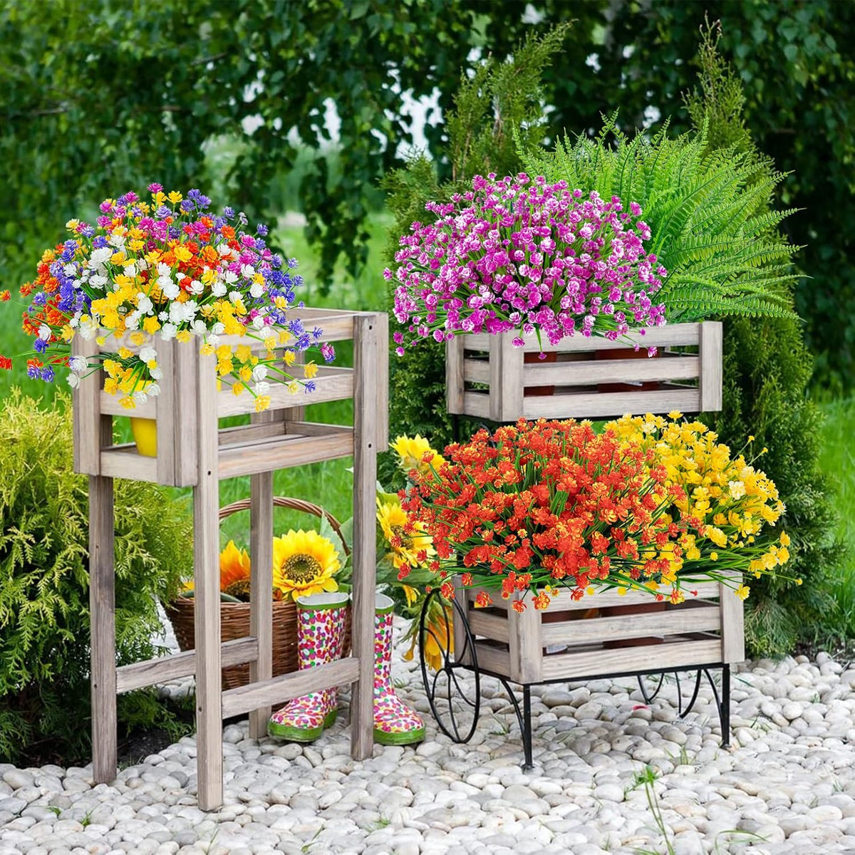 Ouddy Decor 12 Bundles Artificial Flowers for Outdoors UV Resistant Fake Plastic Plants Faux Boston Fern Greenery Stems for Spring Summer Indoor Garden Patio Window Box Kitchen Home Decor, Mixedcolor