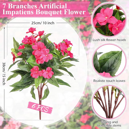 Wavwavw 6 Pcs Artificial Impatiens Bouquet Flowers for Outdoors 15 Inch Silk Flowers Greenery Artificial Impatiens for Outdoor Patio Lawn Garden Balcony Pot Hanging Basket Porch Decoration(Rose Red)