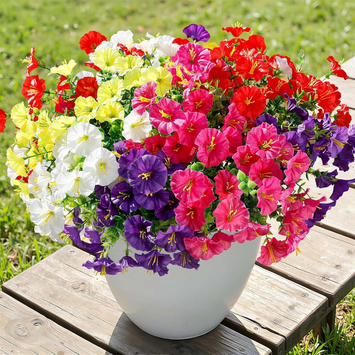Alupssuc 24 Bundles Artificial Flowers for Outdoors, Faux Spring Flowers for Decoration, UV Resistant Silk Morning Glory with Eucalyptus Realistic Fake Flowers for Yard Planter Porch Garden, 5 Colors
