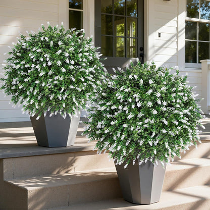HyeFlora 26" Artificial Topiary Boxwood Ball Trees with Lavender 2 Pack Fake Plants for Outdoor Indoor Artificial Shrubs with Ground Spike UV Resistant Fake Bushes for Front Porch Garden (White)