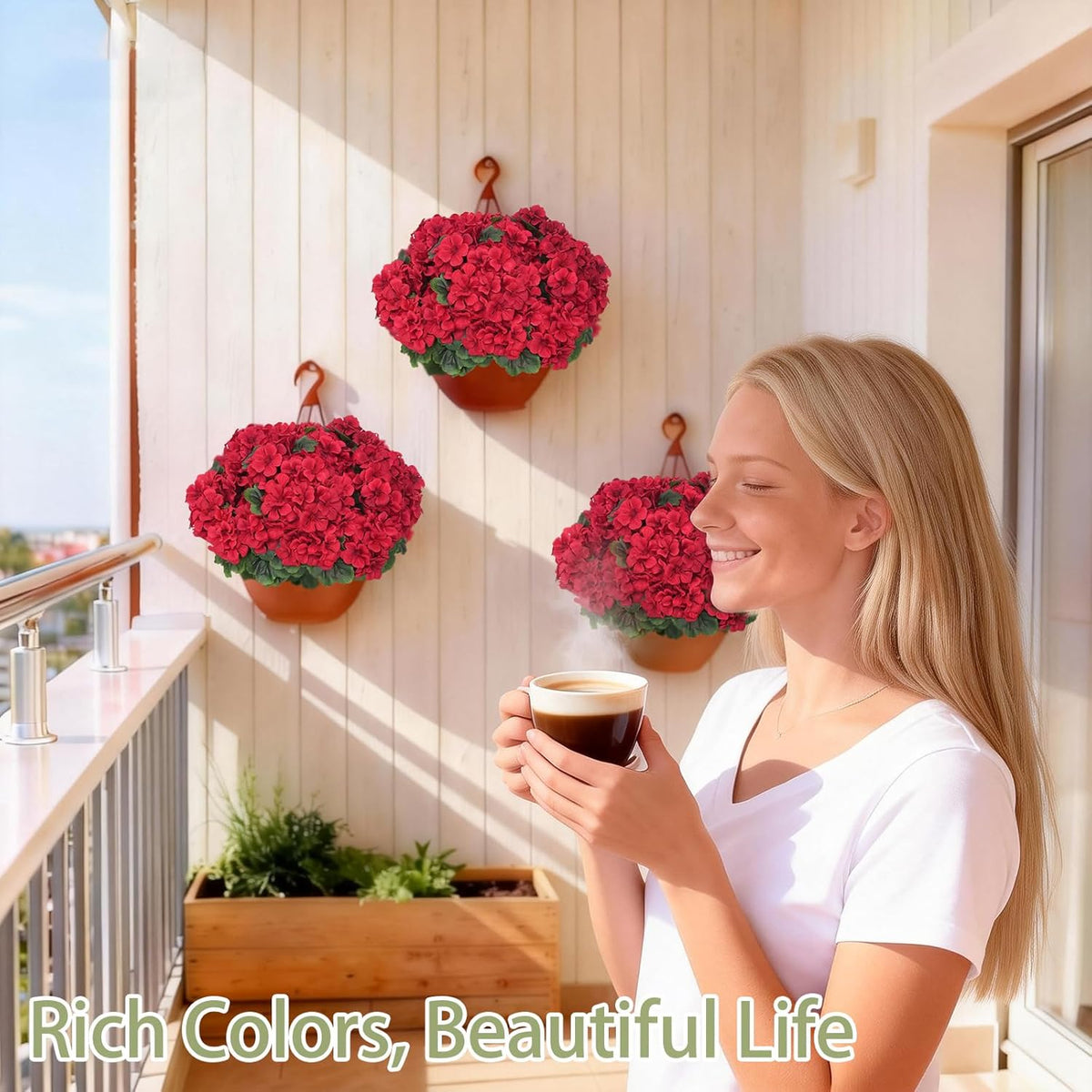 8 Pcs Artificial Geranium Flowers for Outdoor Spring Summer Decor - UV-Resistant & Realistic Silk Faux Plants for Garden Porch Patio Yard Balcony Home Kitchen Table Centerpieces Decoration, Red