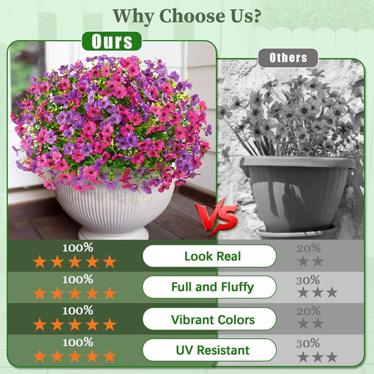 Yastouay 12 Bundles Artificial Flowers for Outdoors, UV Resistant Artificial Outdoor Flowers No Fade Fake Outdoor Flowers Plants for Garden Porch Window Box Pot Planters Decor (Fuchsia+Rose Red)