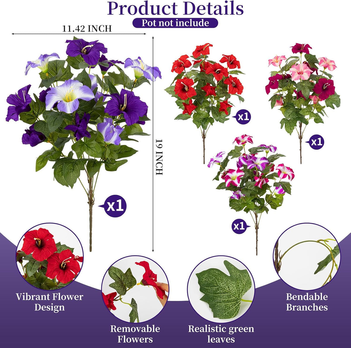 19 Inch Artificial Fake Flowers for Outdoor, 4 Pcs Faux Silk Petunias Spring Flowers for Outside for Indoor Porch Planter Front Door Garden Patio Window Box Home Decor (Multiple Color)