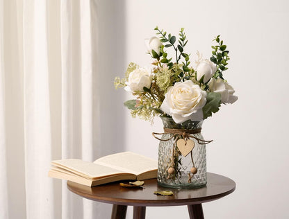 YJ Fake Flowers with Vase, Silk Roses Artificial Flowers in Vase, Faux Flower Plant Arrangement Suitable for Home Office Decoration, Dining Table Centerpiece(White)