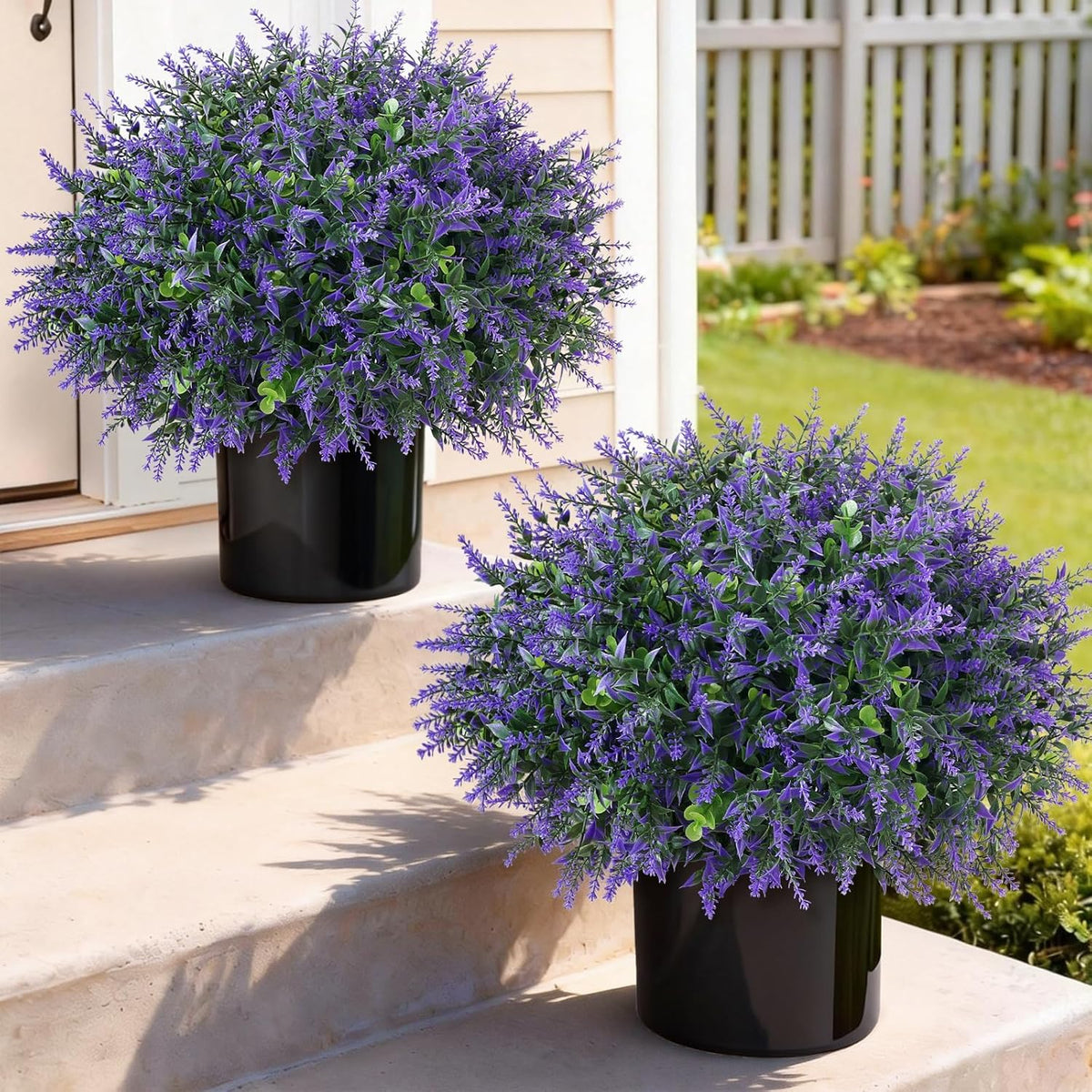 Set of 2 Artificial Eucalyptus Leaf & Lavender Topiary Trees for Front Door - UV Protection Faux Topiary Trees Fake Greenery Plant with Black Flowerpot for Farmhouse, Home, Outdoor Decor