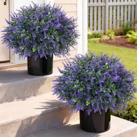 Set of 2 Artificial Eucalyptus Leaf & Lavender Topiary Trees for Front Door - UV Protection Faux Topiary Trees Fake Greenery Plant with Black Flowerpot for Farmhouse, Home, Outdoor Decor