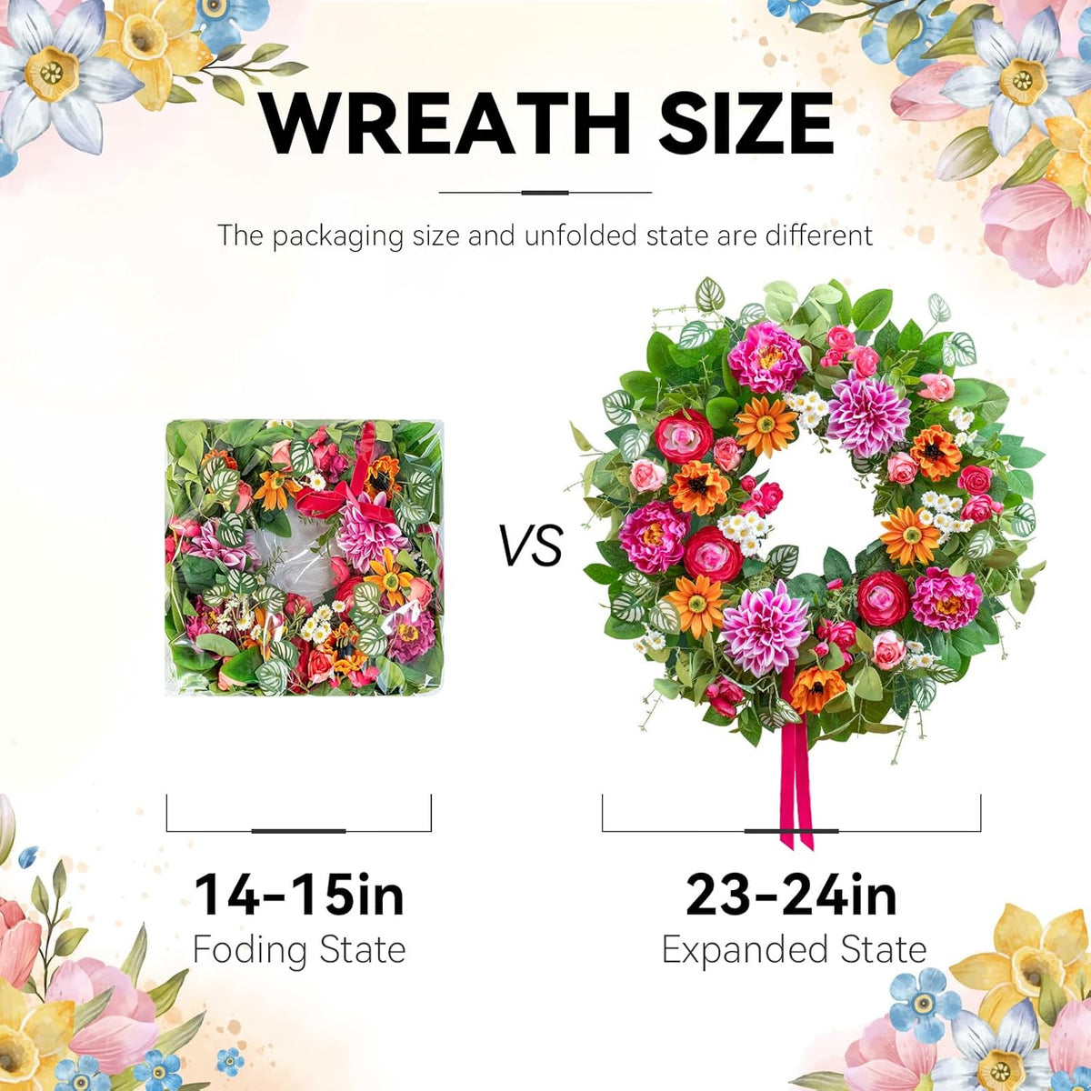 24 Inch Spring Summer Wreath for Front Door with Dahlia, Peony & Daisy Floral Decor