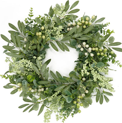 Green Eucalyptus Wreaths for Front Door Spring Summer Wreath with Eucalyptus Leaves, Olives Leaves, Mixed Berry for Indoor Outdoor Farmhouse Home Porch Wall Window Festival Wedding Decor