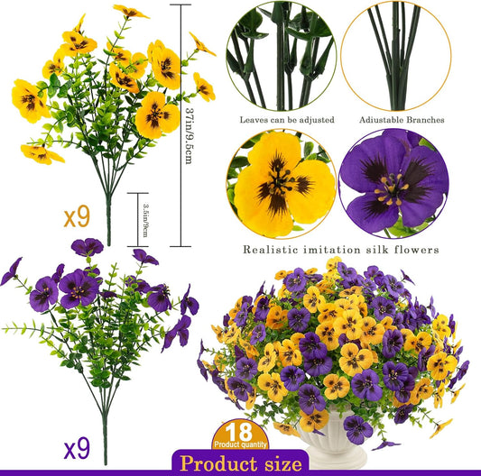 Artificial Fake Pansy Flowers for Outdoor, Faux UV Resistant Silk Pansies Flowers for Outside Planter Front Door Porch Yard Patio Window Box Home Decor (18, Yellow, Purple)