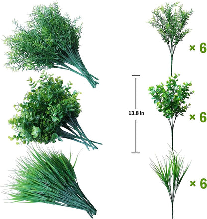 18PCS Outdoor Artificial Faux Plants Spring Summer Decorations, UV Resistant Bulk Realistic Fake Bushes Grass Eucalyptus Outside Plastic Greenery Shrubs for Front Porch Patio Window Box