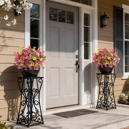 2 Set of Artificial Morning Glory & Eucalyptus Topiary Trees - Faux Silk Flower Potted Plants, UV-Resistant Fake Outdoor Morning Glory Bushes for Front Door, Farmhouse, Garden Decor (Mixed Color)