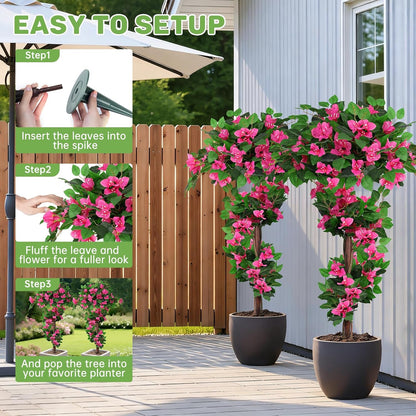 2 Pack 4FT Artificial Bougainvillea Topiary Trees for Outdoor, Fake Silk Flowers Plants Bushes with Ground Spike, Faux UV Resistant Shurbs Trees for Outside, Front Porch, Patio, Balcony Decor