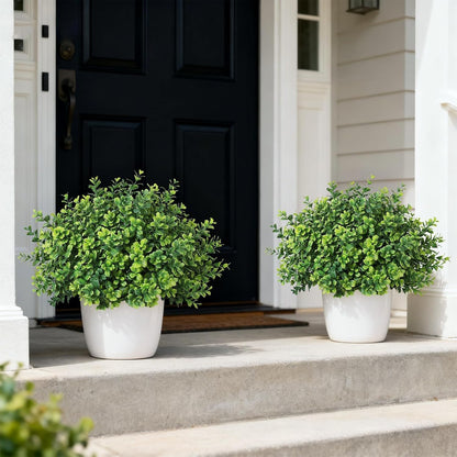Set of 2 Artificial Boxwood Topiary Trees for Front Door - Faux Realistic Greenery Potted Plants, Fake Outdoor UV-Resistant Bushes with Pots for Porch, Farmhouse, Home, Garden Decor