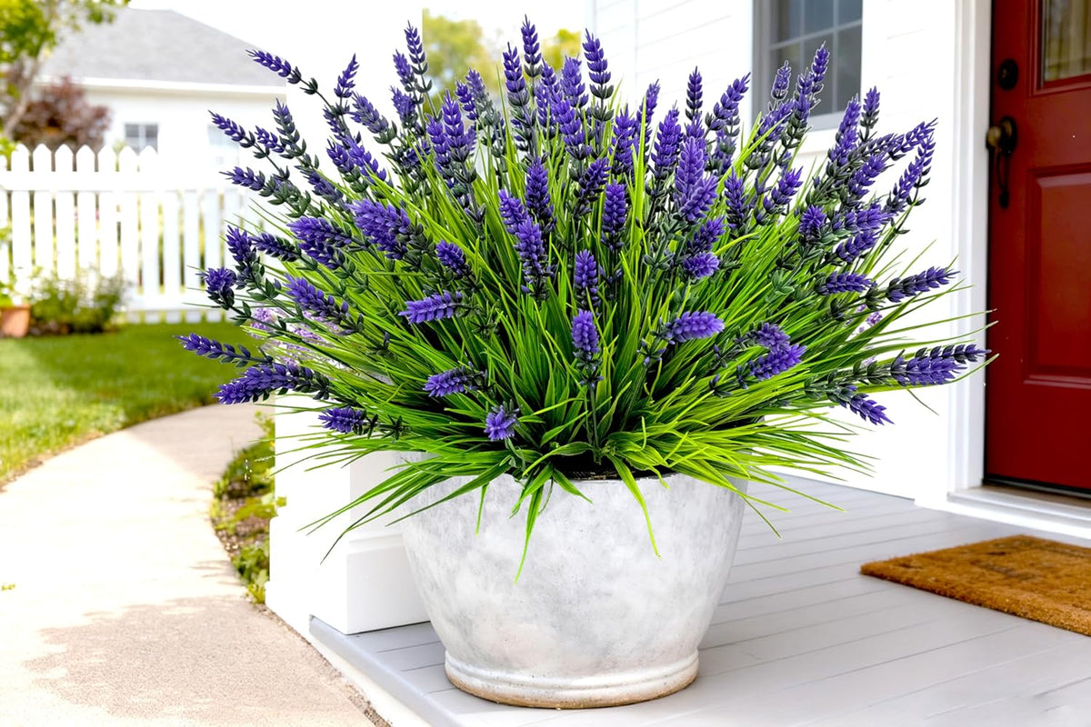 Artificial Plants Outdoor, 20 Pcs Fake Flowers UV Resistant Outdoor Artificial Lavender Flowers, Plastic Faux Plants for Porch Garden Planter Yard Window Box