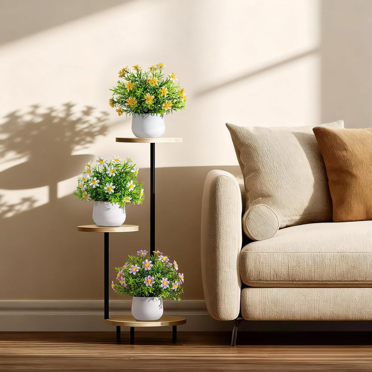3 Pack Small Fake Plants Artificial Potted Flowers for Indoor Mini Faux Plants with Flowers Greenery for Home Decor Living Room Bathroom Bedroom Office Table Shelf (White+Yellow+Purple)