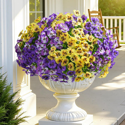 Ivydale 20 Pcs Artificial Fake Pansy Flowers for Outdoors Spring Decor, Faux Silk Pansies UV Resistant Plants for Front Door Porch Yard Patio Window Box Home Decor (Purple Yellow Gradient Purple)