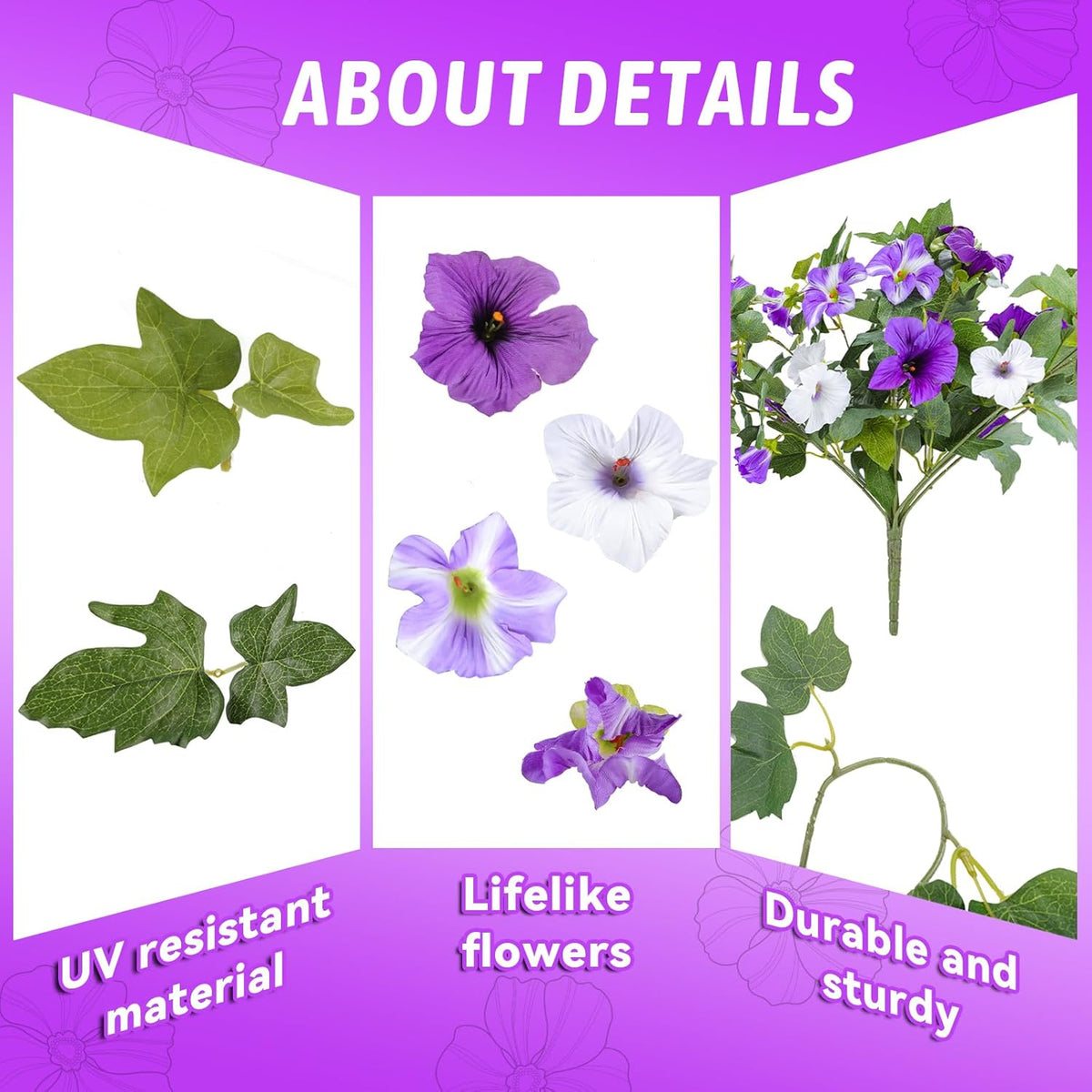 Artificial Fake Flowers for Outdoor Plants Decoration, 4 Pcs Faux Petunia Flowers Plants UV Resistant Silk for Porch Yard Garden Home Indoor Decor (Purple White)