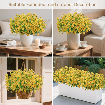 Artificial Faux Flowers Plants for Outdoors Outside Spring Summer Decoration, 12 Bundles Realistic Fake Flowers Plant Greenery Silk Daisy UV Resistant Planters Balcony Porch Patio Garden Home（Yellow）
