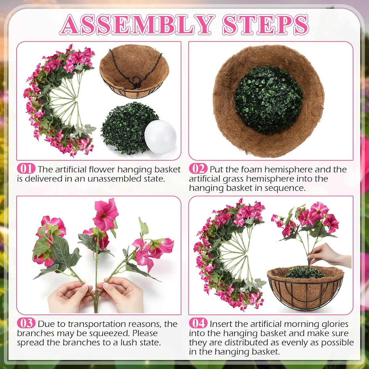 2 Pack Artificial Hanging Flowers in Basket for Spring Summer Outdoor Decor Fake Hanging Plant Faux Petunias Flower with 12 inch Coconut Lining Basket for Patio Garden Porch Home (Fuchsia)