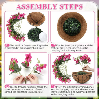 2 Pack Artificial Hanging Flowers in Basket for Spring Summer Outdoor Decor Fake Hanging Plant Faux Petunias Flower with 12 inch Coconut Lining Basket for Patio Garden Porch Home (Fuchsia)