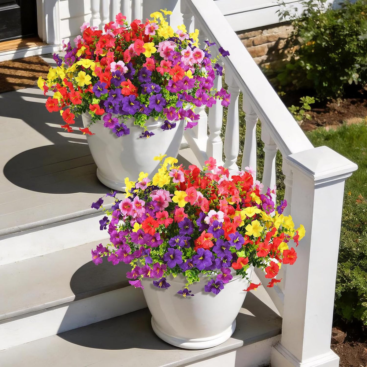 INQCMY Artificial Fake Petunia Flowers for Outdoors Spring Decoration, 12 Bundles Faux Plants Outdoor UV Resistant Realistic Silk Flower for Outside Planters Patio Porch Yard Window Box