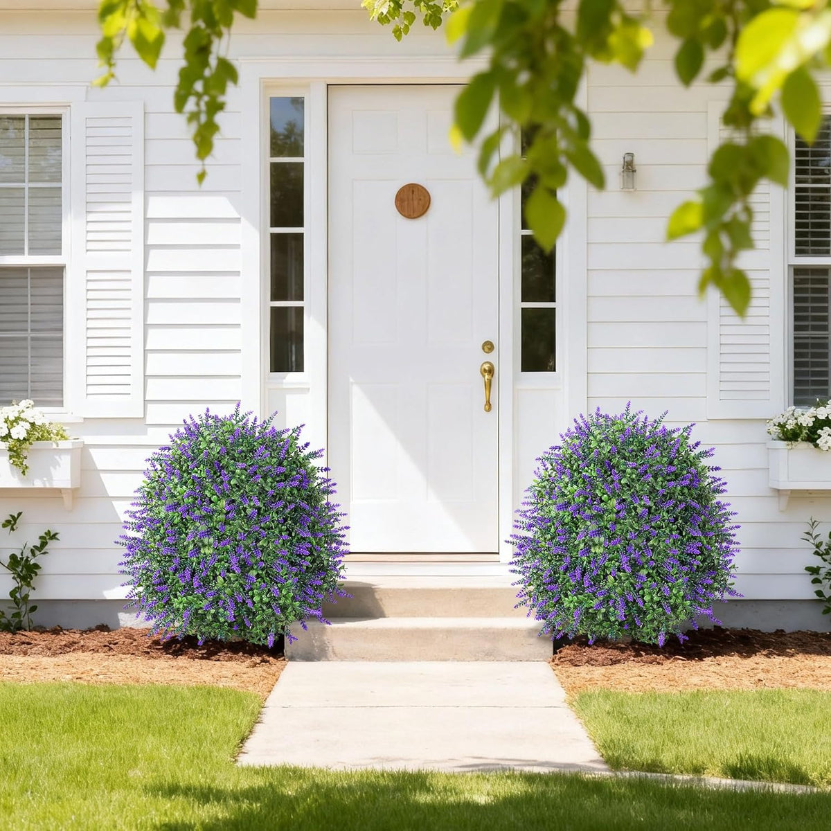 26" Artificial Boxwood Topiary Trees with Lavender Flowers 2 Pack Fake Plants for Outdoor Indoor Artificial Shrubs with Metal Ground Spike UV Resistant Fake Bushes for Front Porch Garden, Purple