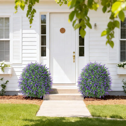 26" Artificial Boxwood Topiary Trees with Lavender Flowers 2 Pack Fake Plants for Outdoor Indoor Artificial Shrubs with Metal Ground Spike UV Resistant Fake Bushes for Front Porch Garden, Purple