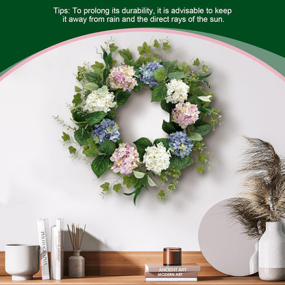 Spring Summer Wreaths for Front Door, 20 Inch Artificial Wreaths with Hydrangea Floral, Floral Wreath for Porch Wall Window Wedding Decor, All Season Wreaths for Home Outdoor Decoration