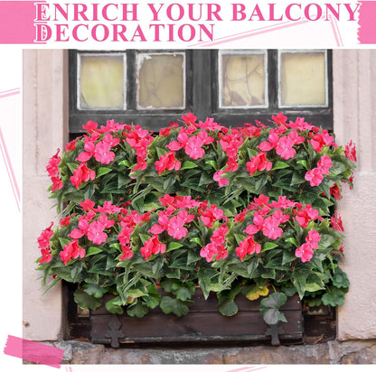 Wavwavw 6 Pcs Artificial Impatiens Bouquet Flowers for Outdoors 15 Inch Silk Flowers Greenery Artificial Impatiens for Outdoor Patio Lawn Garden Balcony Pot Hanging Basket Porch Decoration(Rose Red)