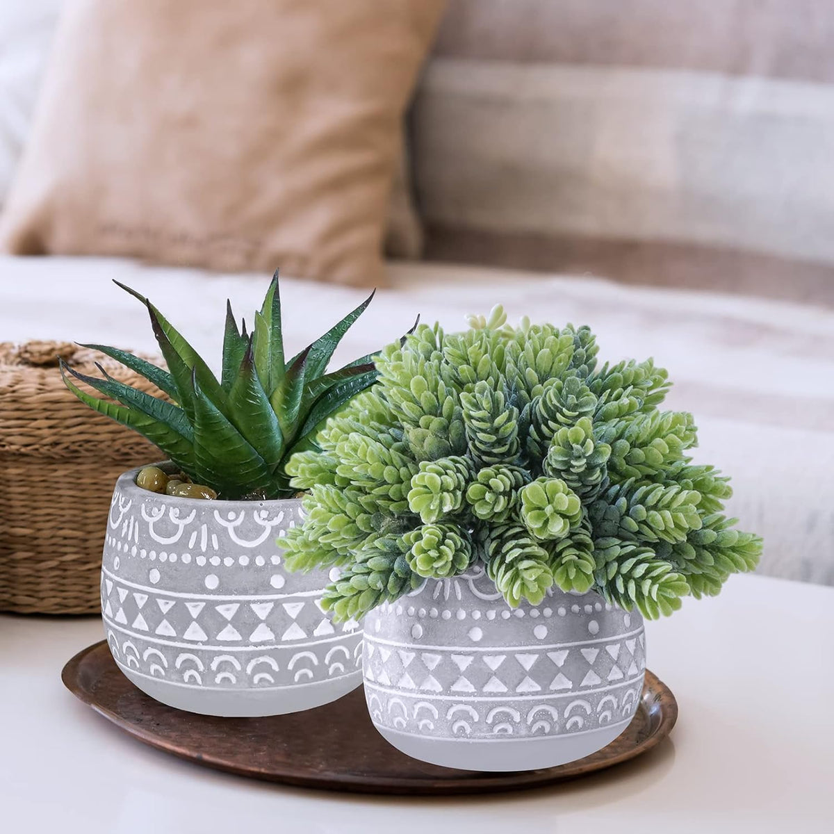 Winlyn 3 Pcs Assorted Small Potted Succulent Plants Artificial Aloe Hops String of Pearls Succulents in Gray Geometric Concrete Pots for Gifts Table Shelf Windowsill Indoor Outdoor Greenery Decor