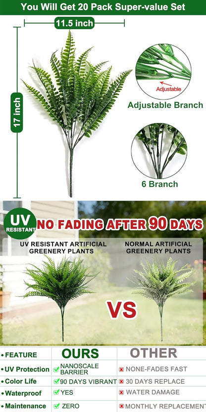 TURNMEON 20 Bundles Artificial Plants Outdoor Faux Boston Fern Spring Decor, Fake Plants UV Resistant Plastic Greenery Shrubs Artificial Fake Flowers for Outside Gardens Patio Yards Home Summer Decor