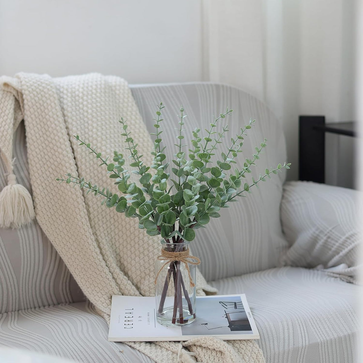 VIERENA 17.5" Artificial Eucalyptus Stems in Glass Vase with Faux Water, Fake Plant Eucalyptus Leaves White Seeds for Centerpiece Table Decorations Farmhouse Wedding Home Greenery Decor (Sage Green)