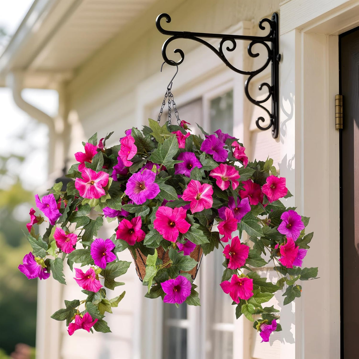 Artificial Fake Flowers for Outdoor Spring Decoration, 2PCS Faux Silk Petunias No Fade UV Resistant Flowers for Outside Garden Porch Yard Balcony Patio Realistic Indoor Decor(Fuchsia)