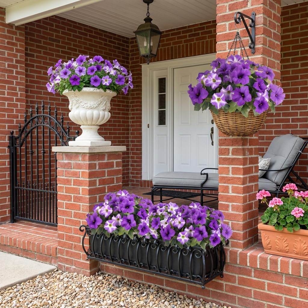Artificial Flowers for Outdoors, 10 Bundles Realistic Fake Outdoor Flowers, UV Resistant Silk Petunia Flower for Outside Look Real Faux Flower Plants for Outdoor Porch Decor, Purple White