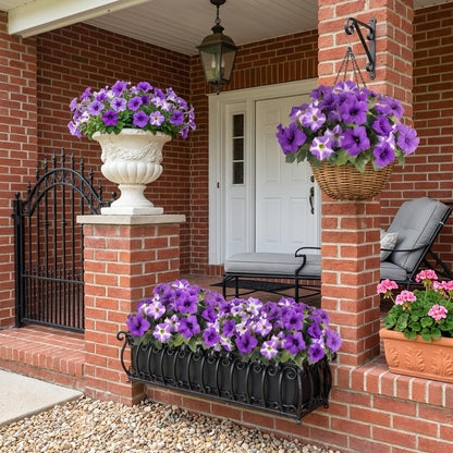Artificial Flowers for Outdoors, 10 Bundles Realistic Fake Outdoor Flowers, UV Resistant Silk Petunia Flower for Outside Look Real Faux Flower Plants for Outdoor Porch Decor, Purple White