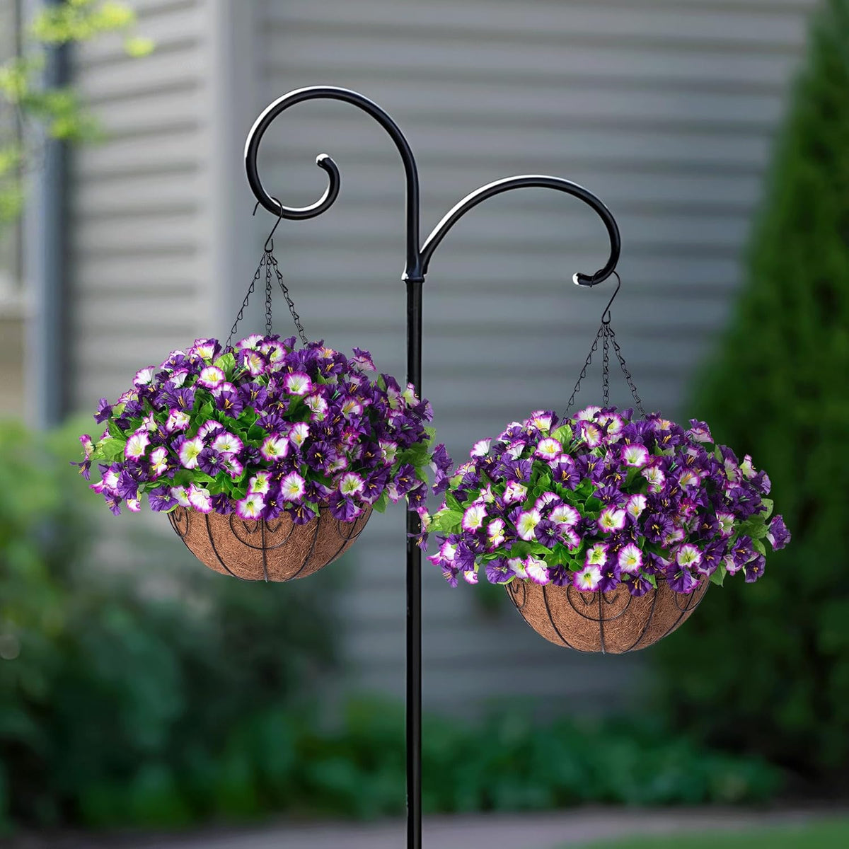 Artificial Hanging Flowers 12 inch Basket, Faux Silk Petunias Flower Arrangement, Coconut Lining Pot Planter with Morning Glories Patio Garden Porch Deck Spring Summer Decor (Purple Edge)