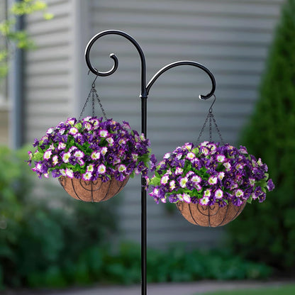 Artificial Hanging Flowers 12 inch Basket, Faux Silk Petunias Flower Arrangement, Coconut Lining Pot Planter with Morning Glories Patio Garden Porch Deck Spring Summer Decor (Purple Edge)