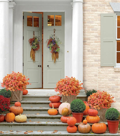 Artificial Fall Flowers Fake Mums for Outdoor Autumn Decoration, 12 Bundles Faux Silk Orange Yellow Mums Daisy Look Real UV Resistant for Outside Home Porch Patio Planter