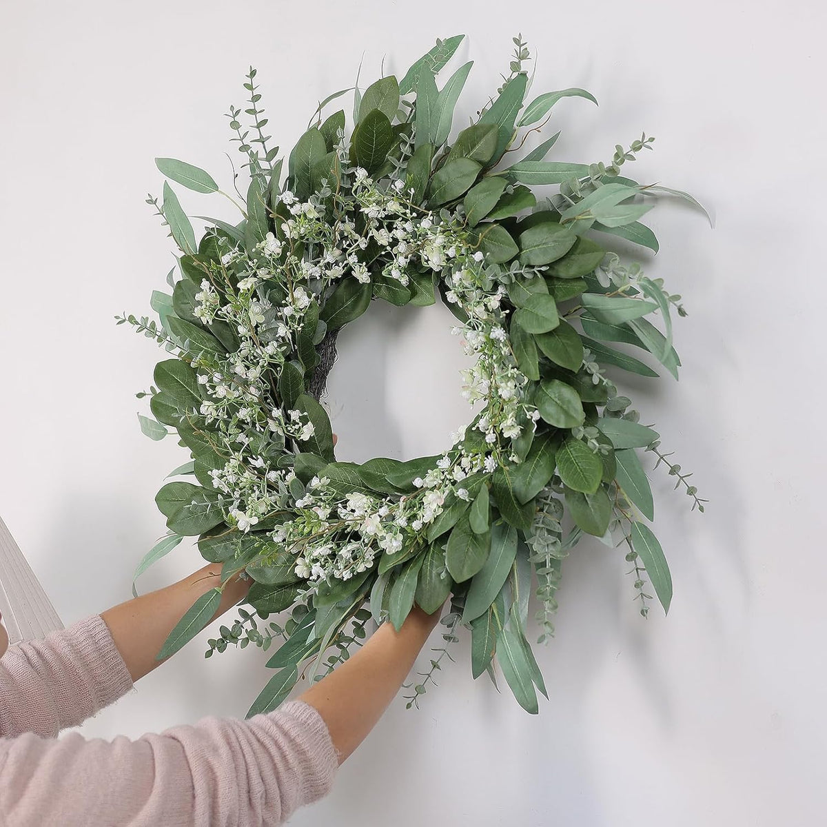 26" Eucalyptus and Babys Breath Flowers Wreath for Front Door - Large Artificial Greenery Outdoor Wreath for Porch, Window, Farmhouse, Home, Hanging Decor- Spring, Summer, All Seasons (Green-White)