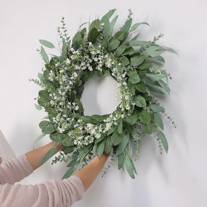 26" Eucalyptus and Babys Breath Flowers Wreath for Front Door - Large Artificial Greenery Outdoor Wreath for Porch, Window, Farmhouse, Home, Hanging Decor- Spring, Summer, All Seasons (Green-White)