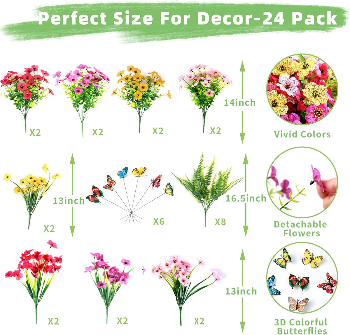 Artificial Flowers For Outdoors, 24 Bundles UV Resistant Fake Outdoor Flowers Faux Artificial Flower Plastic Plants for Outside Garden Porch Window Pot Spring Summer Home Decor (Multi Color-B, 24)