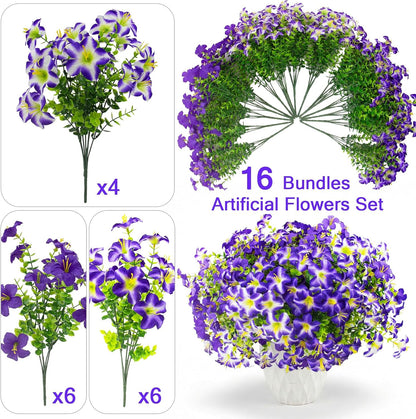 Daynight 16 Pcs Faux Petunias Artificial Flowers for Outdoors, UV Resistant Fake Purple Petunias Plants Realistic Silk Flowers for Porch Front Door Garden Window Outside Decor (16, Purple)