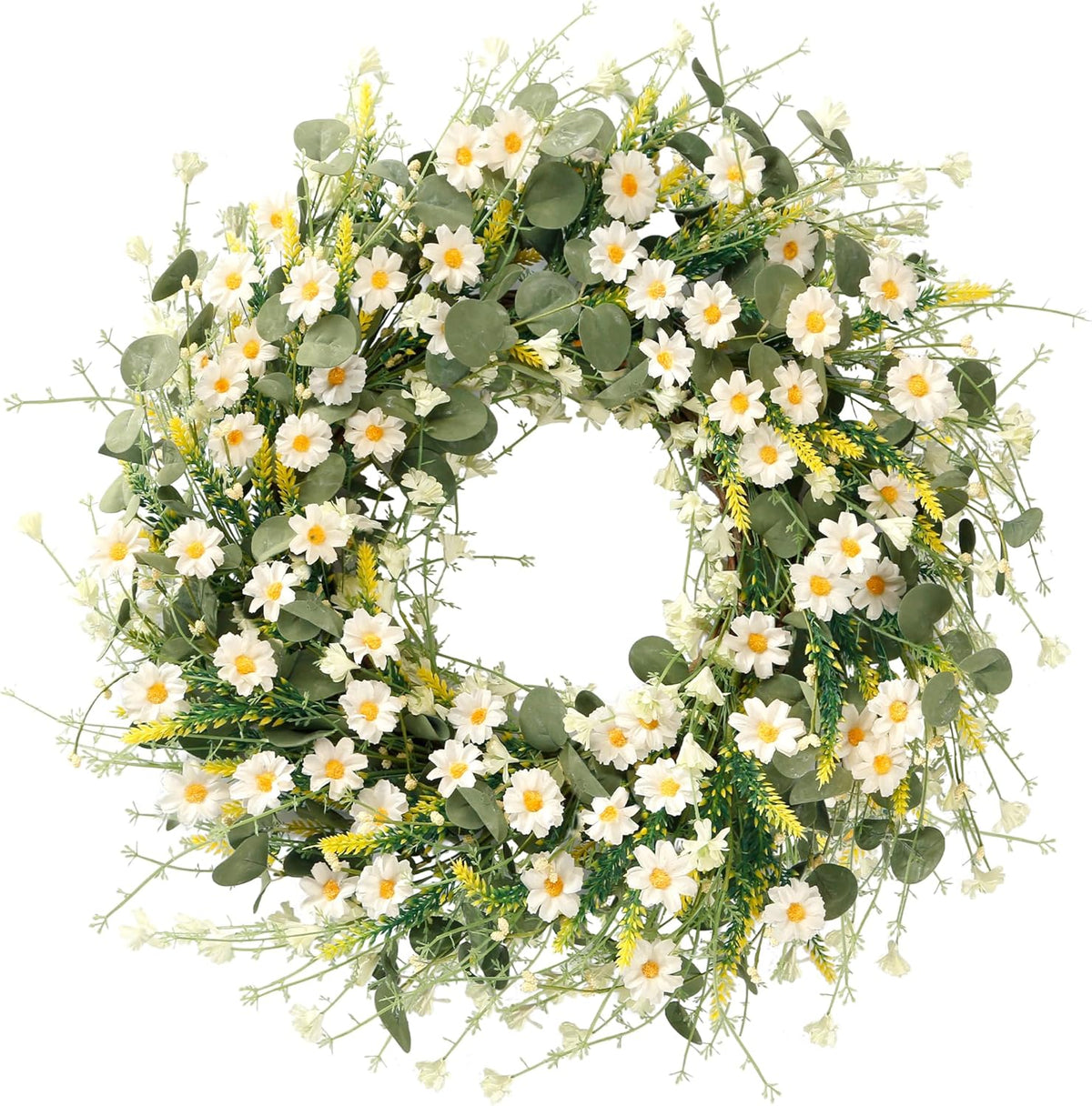 Sggvecsy White Daisy Wreath 24 Inch with Fake Silk Floral Green Eucalyptus Leaves and Lavender for Spring Summer Front Door Window Wall Wedding Farmhouse Festival Decor