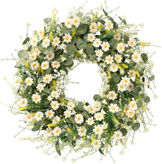 Sggvecsy White Daisy Wreath 24 Inch with Fake Silk Floral Green Eucalyptus Leaves and Lavender for Spring Summer Front Door Window Wall Wedding Farmhouse Festival Decor