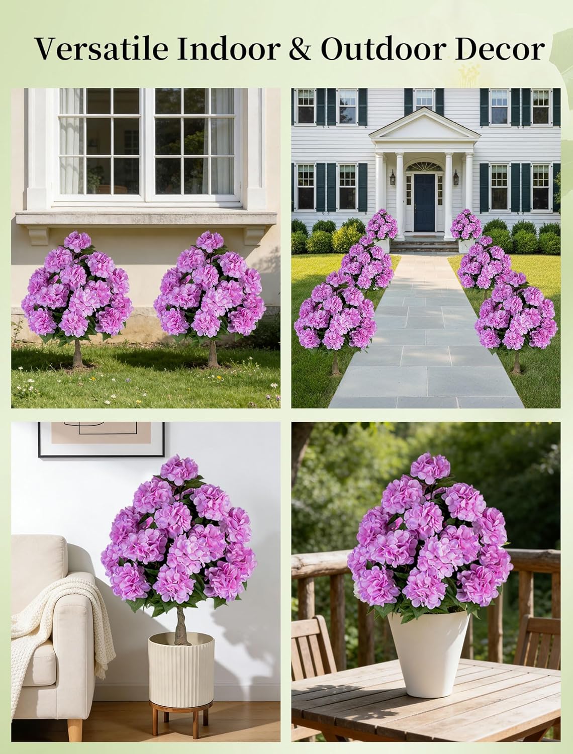 BLOSMON Hydrangea Topiary Trees Artificial - Outdoor 2 Packs 33" Pink Fake Flower Ball Tree for Front Porch Planters Urns Decor - 20 Heads Faux Hydrangea Bush Plants with Spike for Garden Yard Patio