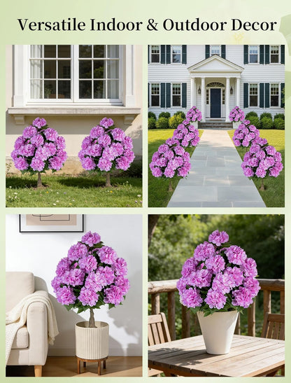BLOSMON Hydrangea Topiary Trees Artificial - Outdoor 2 Packs 33" Pink Fake Flower Ball Tree for Front Porch Planters Urns Decor - 20 Heads Faux Hydrangea Bush Plants with Spike for Garden Yard Patio