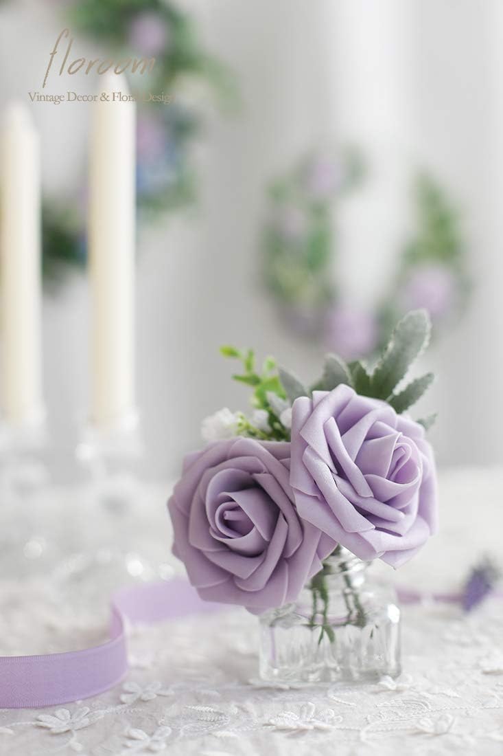 Floroom Artificial Flowers 25 Pcs Real Looking Lavender Purple Ombre Colors Foam Fake Roses with Stems for DIY Wedding Bouquets Bridal Shower Floral Centerpieces Party Tables Home Decorations