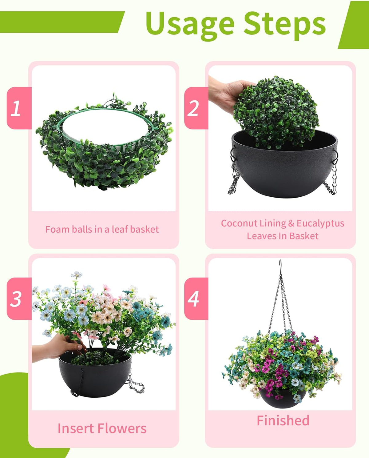 2 Sets Artificial Hanging Plants Flowers with Basket for Outdoors, 30 Bundles UV Resistant Fake Plants Spring Summer Decoration Faux Silk Eucalyptus Garden Patio Yard Front Porch Balcony Arrangement