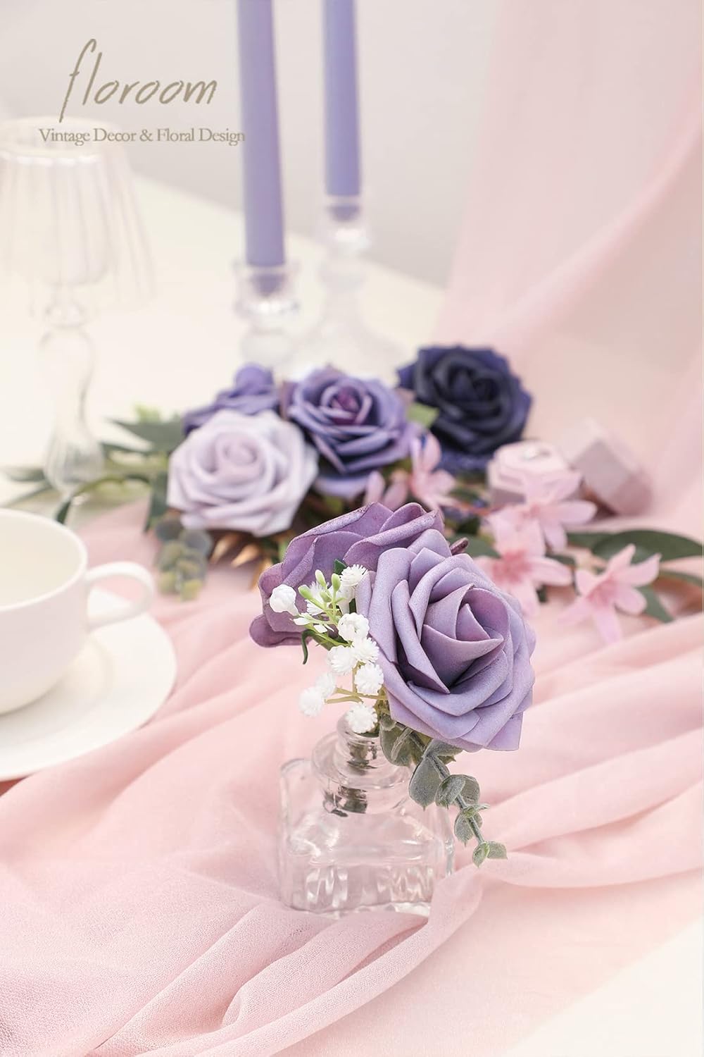 Floroom Artificial Flowers 25 Pcs Real Looking Lavender Purple Ombre Colors Foam Fake Roses with Stems for DIY Wedding Bouquets Bridal Shower Floral Centerpieces Party Tables Home Decorations